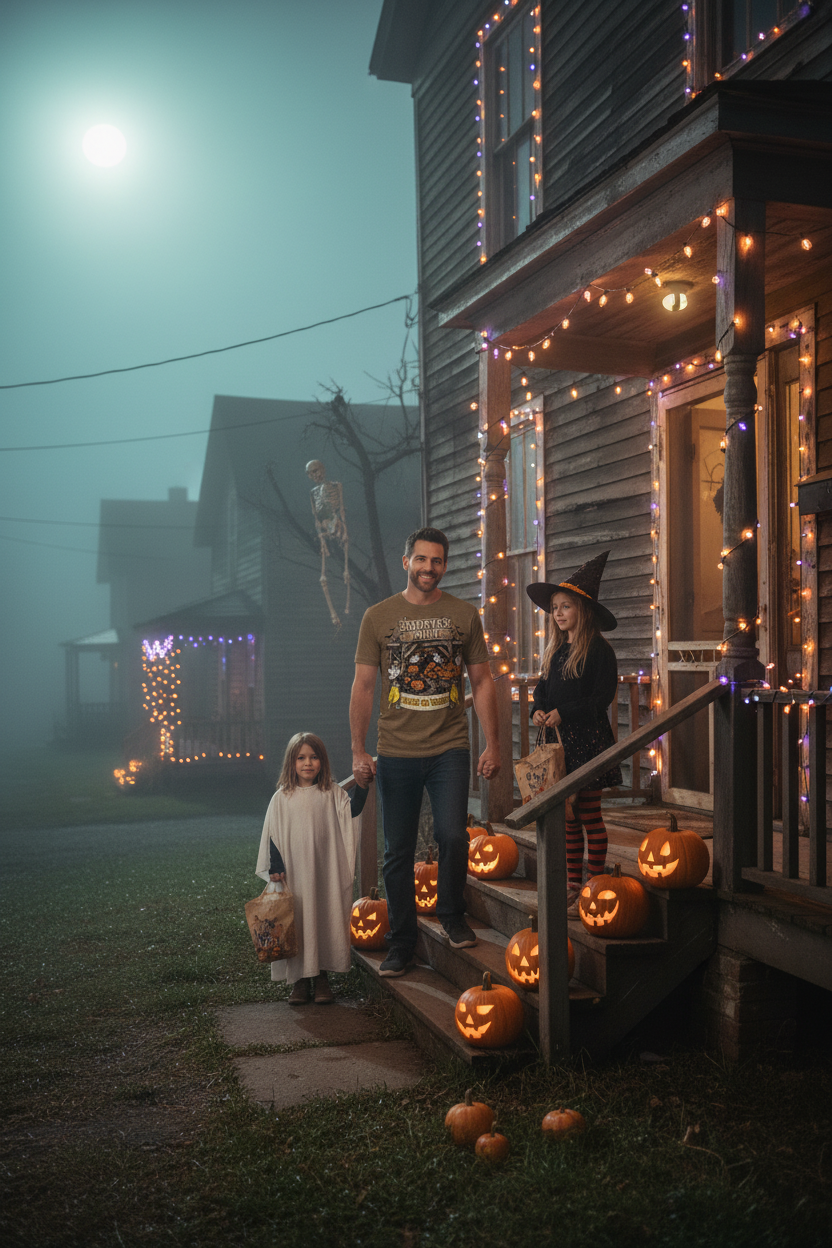 Haunted Mine Tee – Olive Brown Family Trick-or-Treat Lifestyle