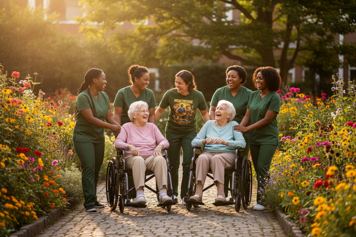 Healthcare Workers Pushing Residents in Courtyard Garden
