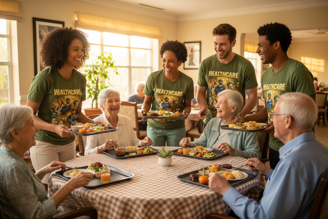 Healthcare Workers Serving Dinner in Nursing Home