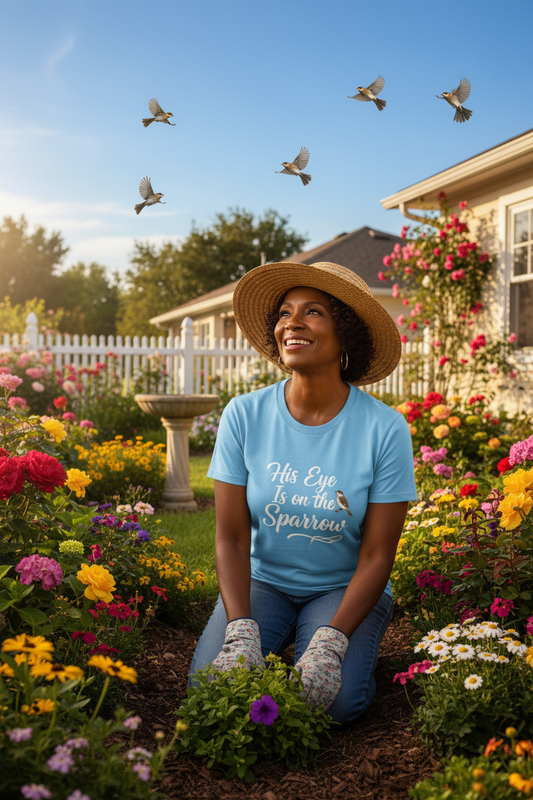 His Eye Is on the Sparrow - Mother Gardening Lifestyle Mockup