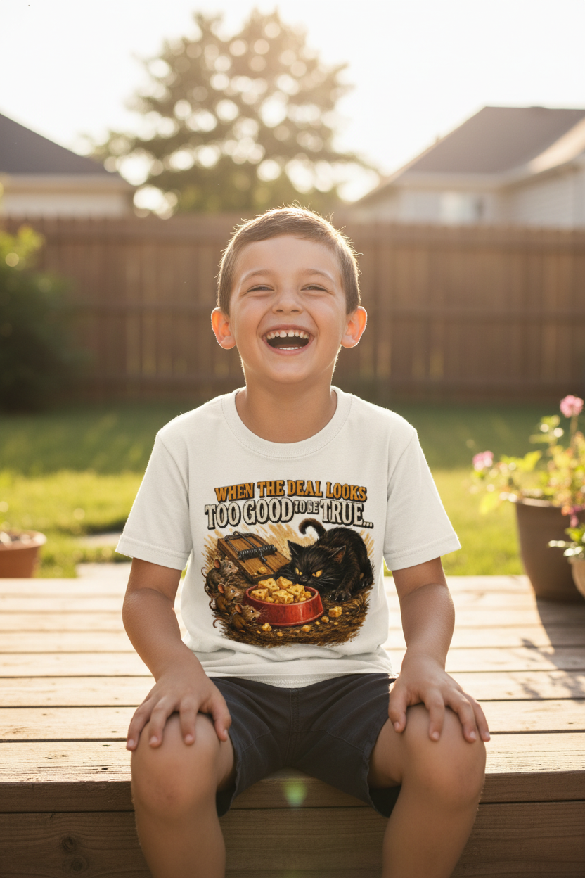 Boy wearing When The Deal Looks Too Good To Be True white graphic tee on porch
