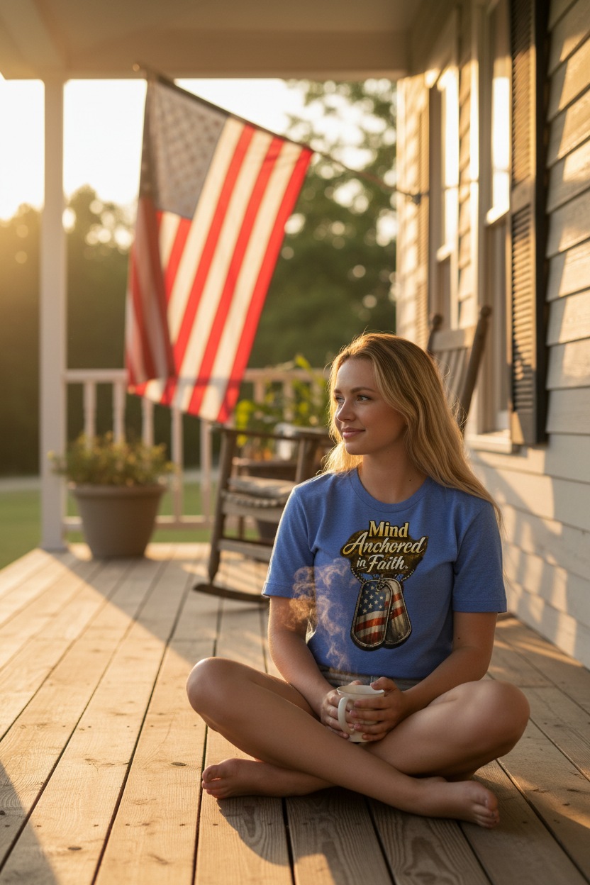Military mom sitting on porch wearing Mind Anchored in Faith dog tag t-shirt