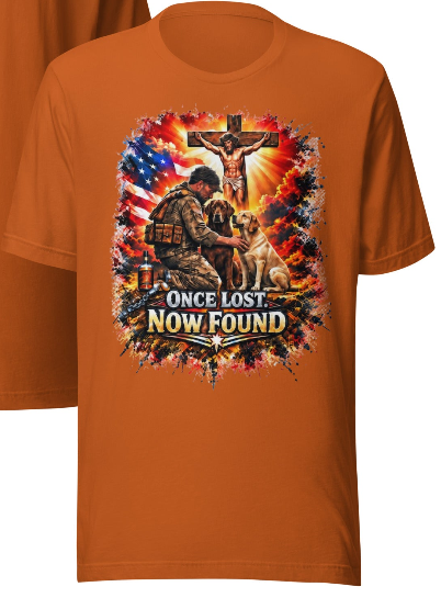 Once Lost Now Found Faith Patriot Tee – Burnt Orange colorway front and back
