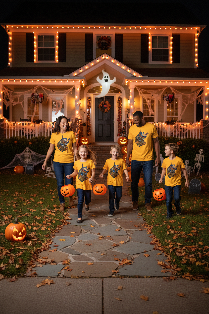Family trick-or-treating in WV Halloween tees on decorated street at night