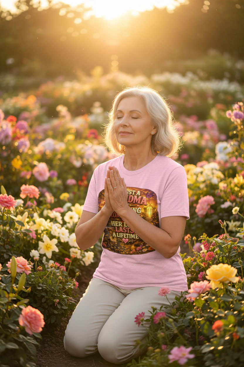 Grandmother wearing pink faith grandma t-shirt praying in flower garden at golden hour