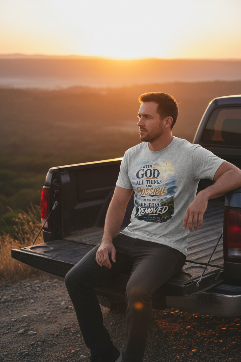 Man sitting on truck tailgate at rural overlook wearing faith tee