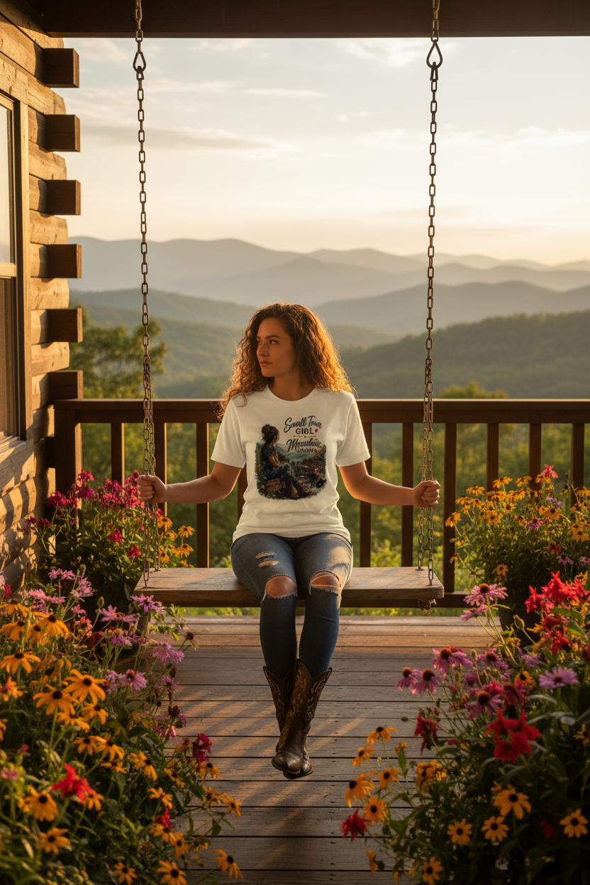 Woman in cream Small Town Girl Mountain Momma tee on rustic mountain cabin porch at golden hour