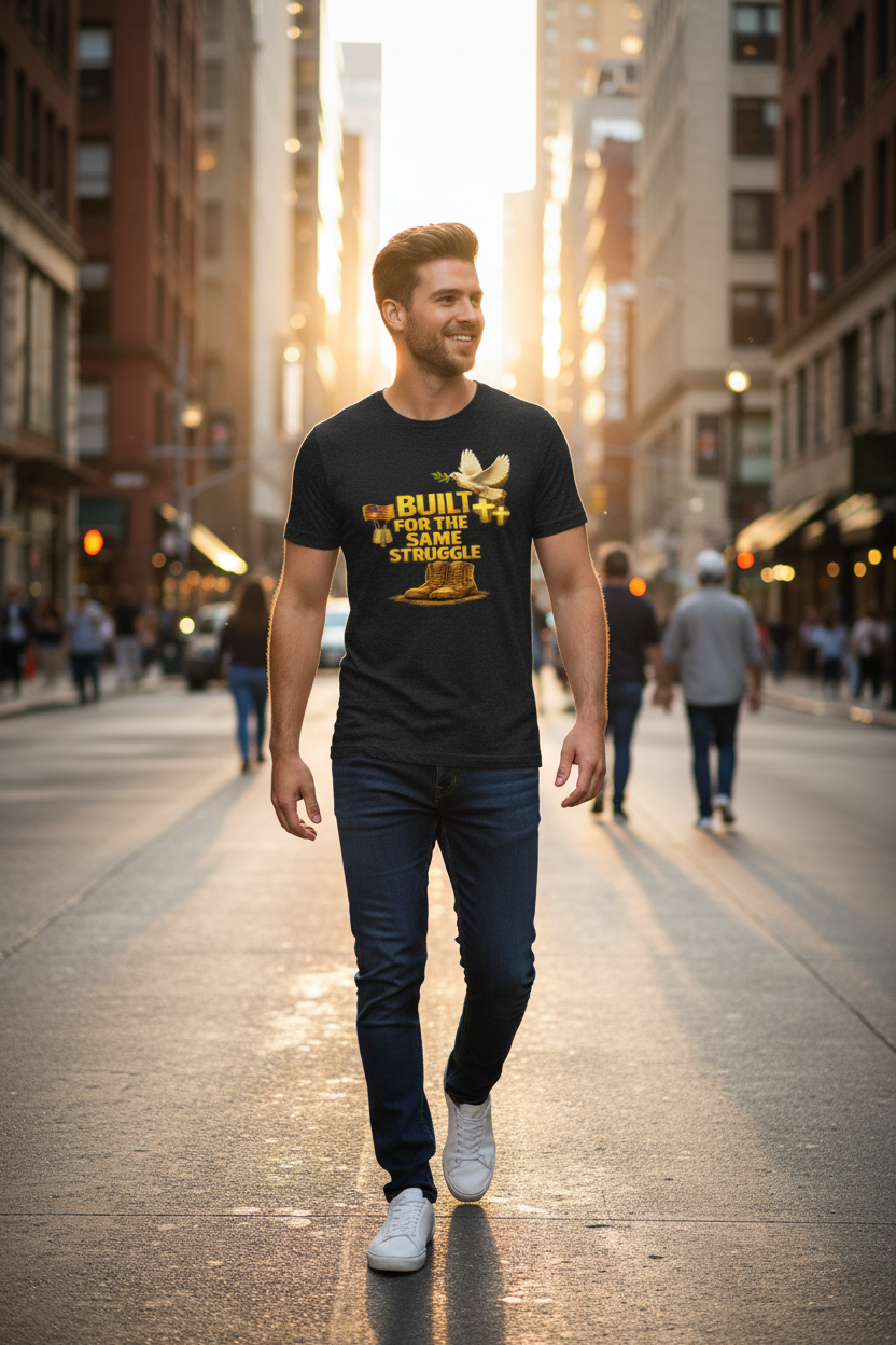 Young man wearing Built for the Same Struggle t-shirt walking on city street
