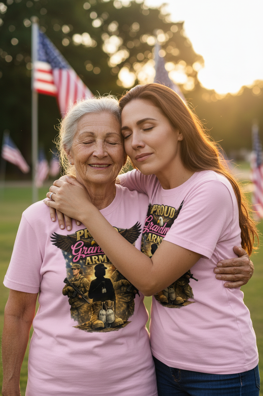 Grandmother and daughter hugging in matching Proud Grandma Army tees