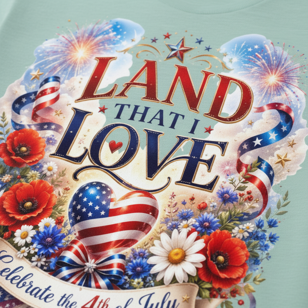 Close-up of Land That I Love patriotic graphic on mint green t-shirt