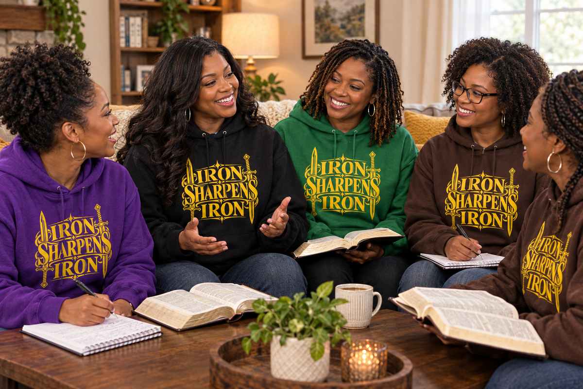 Women wearing Iron Sharpens Iron hoodies and studying the Bible together in a living room