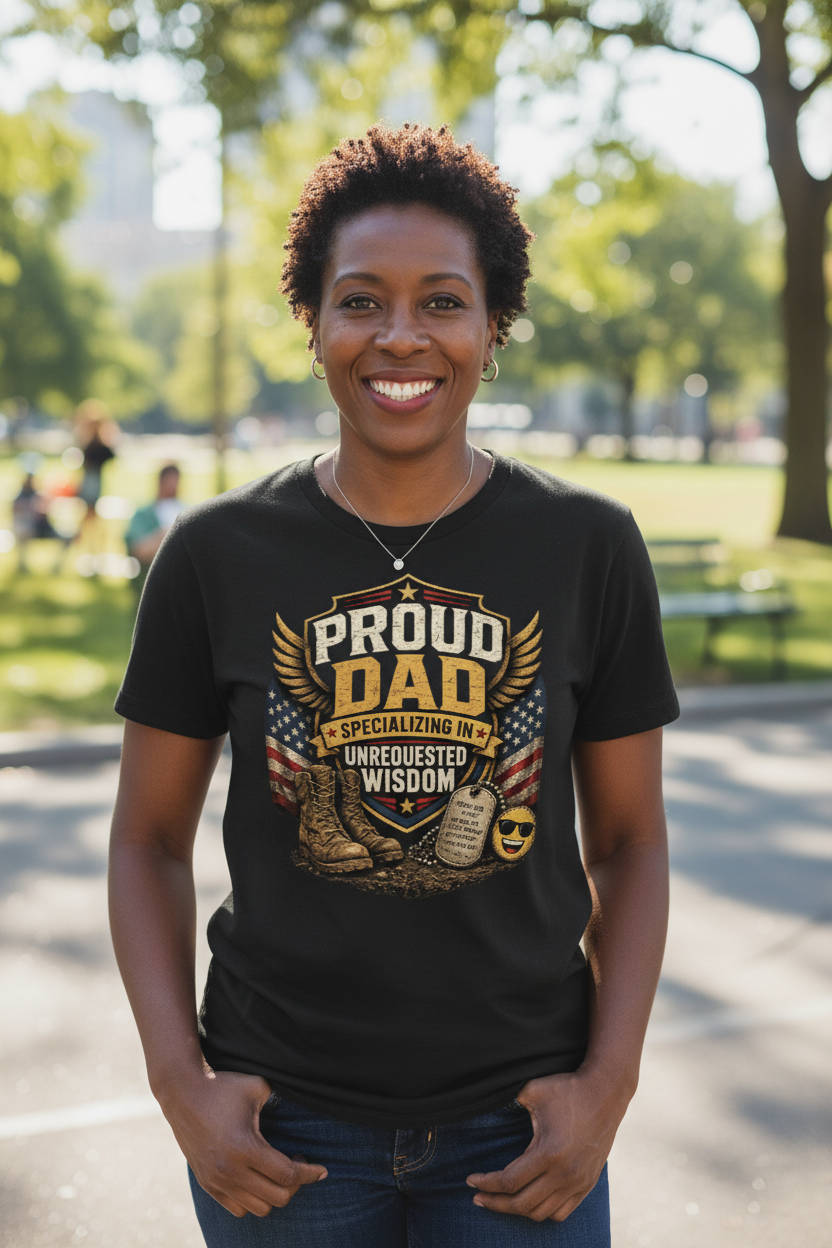 Black woman wearing Proud Dad military t-shirt in park lifestyle photo