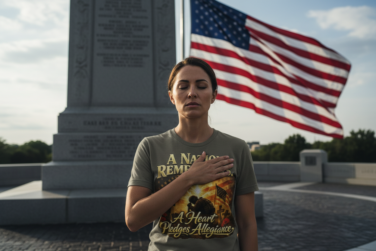 Female veteran at war memorial with hand over heart wearing Memorial Day t-shirt