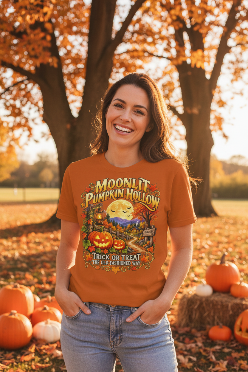 Woman wearing Moonlit Pumpkin Hollow Halloween t-shirt outdoors in fall setting