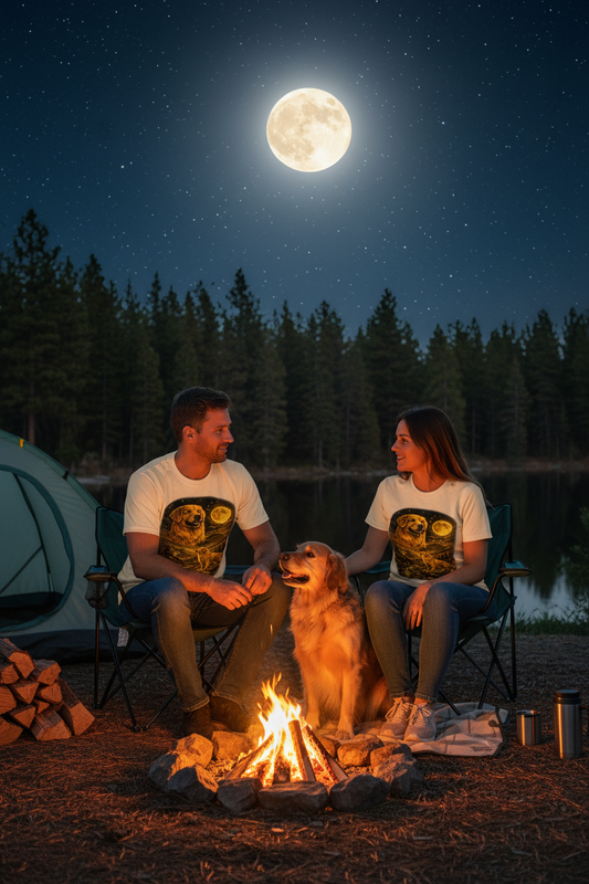 Couple at campfire with golden retriever wearing matching golden retriever t-shirts