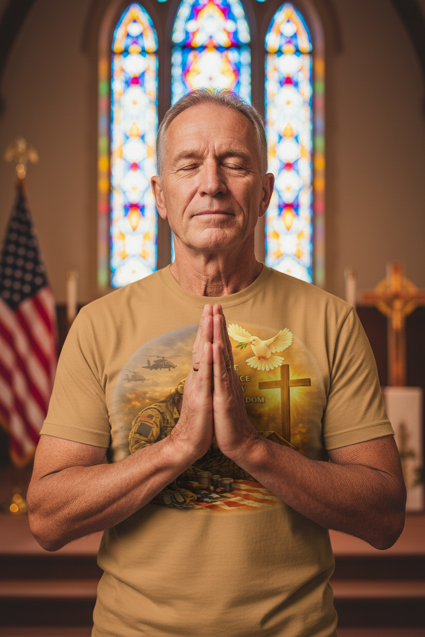 Veteran praying in church wearing Life Love Peace Joy Freedom t-shirt lifestyle mockup