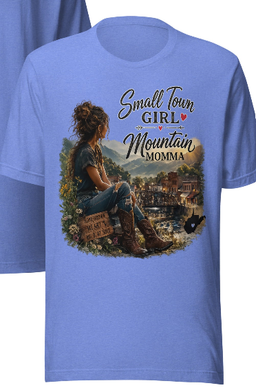 Small Town Girl Mountain Momma tee in carolina blue color