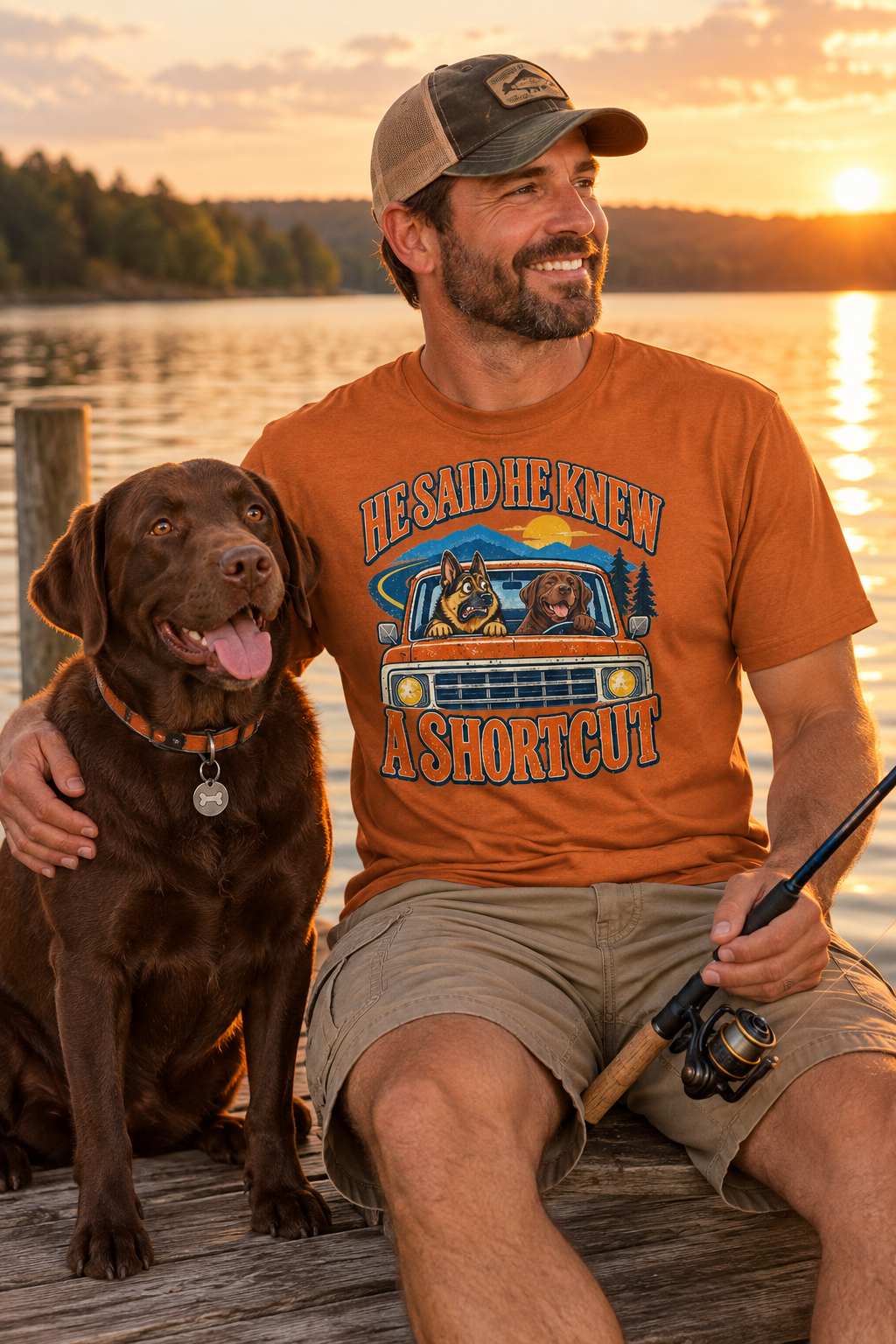 Dad fishing at golden hour with his Labrador wearing the He Said He Knew A Shortcut tee