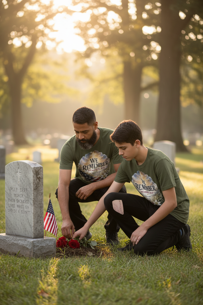Father and son wearing We Remember Memorial Day t-shirts kneeling at grave with roses