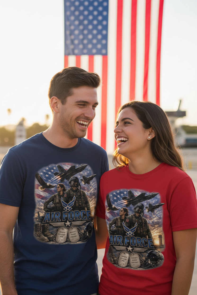 Couple wearing Air Force graphic t-shirts in navy and red