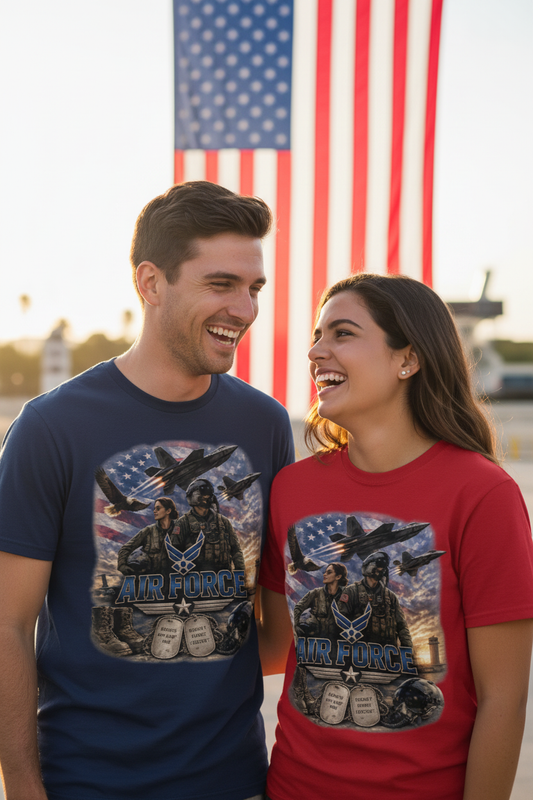 Couple wearing Air Force graphic t-shirts in navy and red