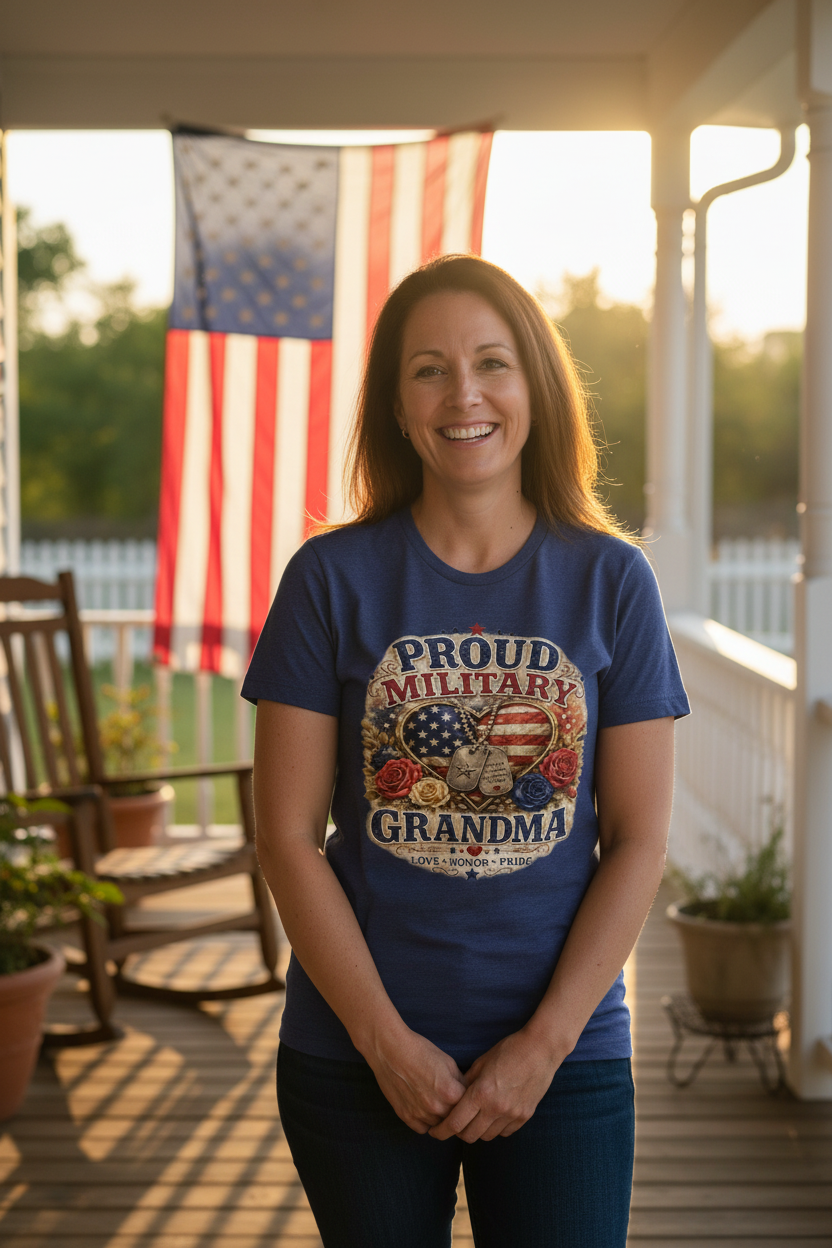 Proud Military Mom wearing navy blue t-shirt on front porch with American flag