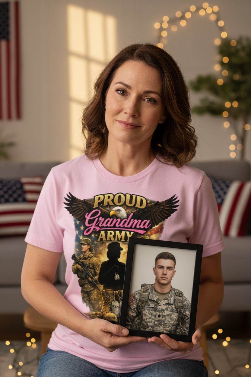 Proud mom holding military photo wearing Army grandma shirt