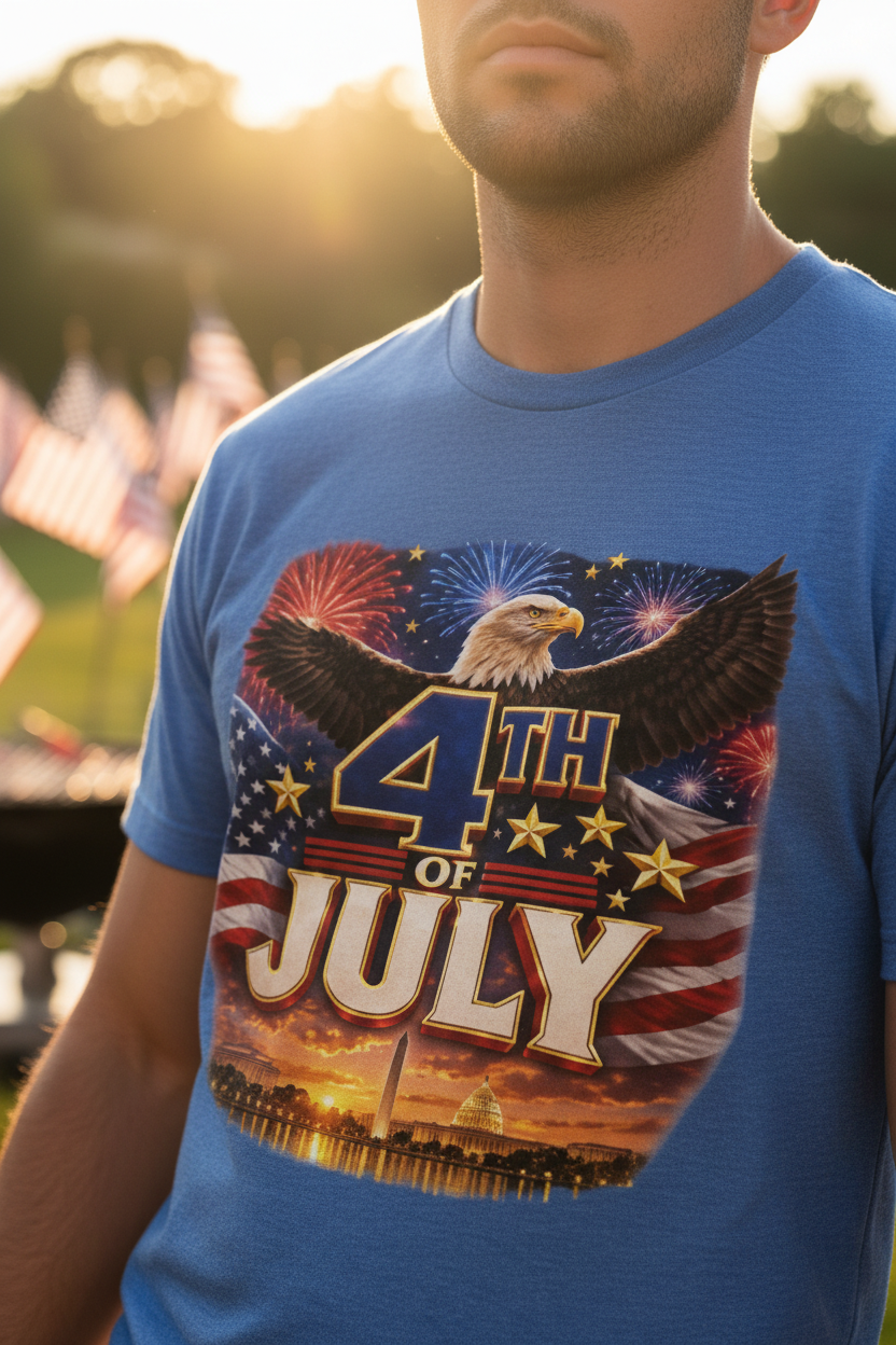 Man wearing 4th of July bald eagle t-shirt at backyard BBQ with American flags