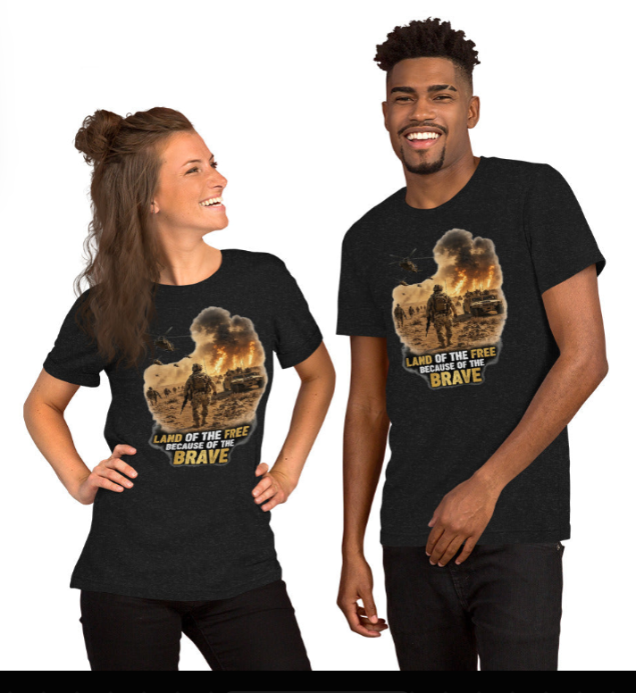 LAND OF THE FREE BECAUSE OF THE BRAVE— Combat Soldier Faith T-Shirt | Military Tribute Tee