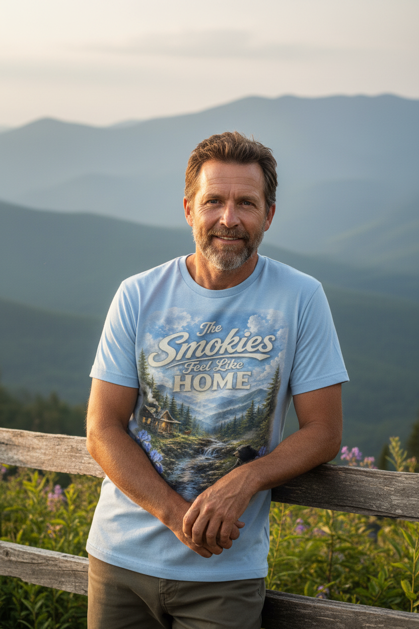 Man wearing The Smokies Feel Like Home t-shirt at a Smoky Mountains overlook