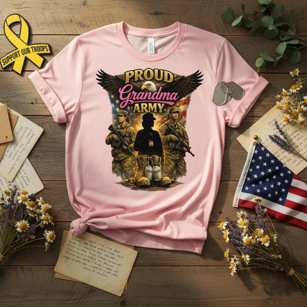 Patriotic flat-lay of Proud Grandma Army t-shirt with dog tags and American flag