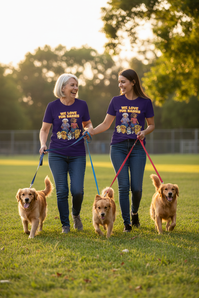 Two women wearing We Love Fur Babies purple graphic tees walking happy dogs at a sunny dog park