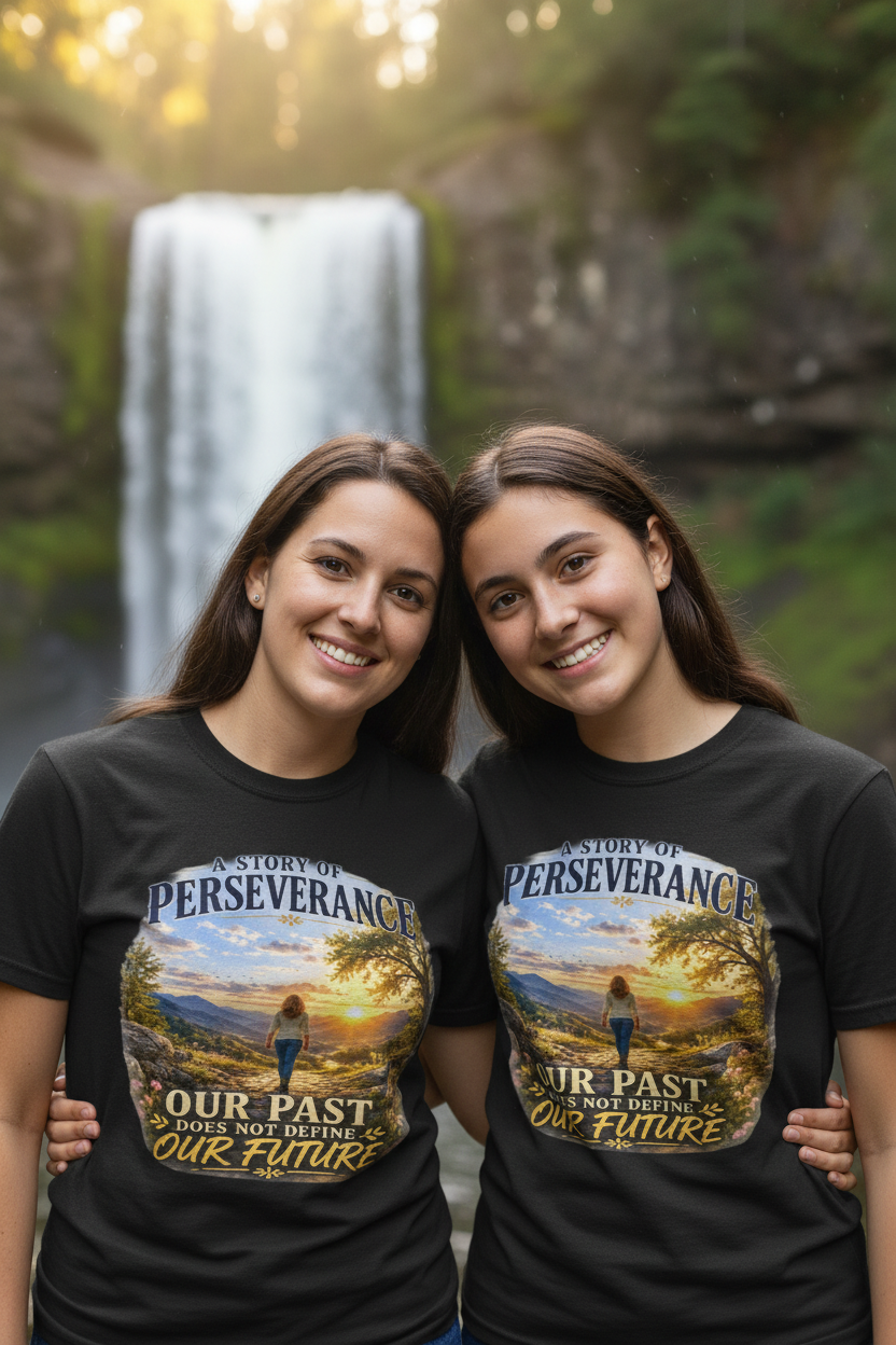 Mother and daughter at waterfall in matching Black Perseverance tees