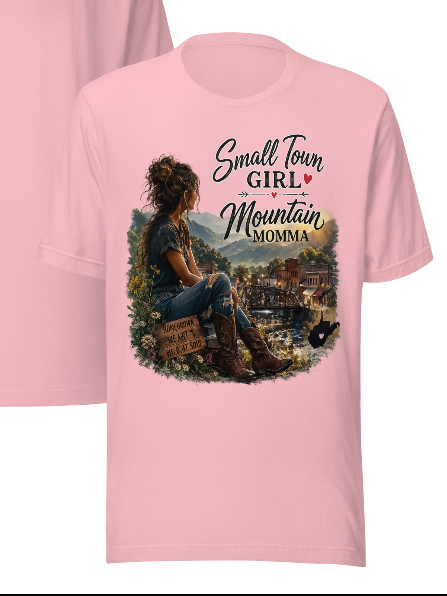 Small Town Girl Mountain Momma tee in pink color