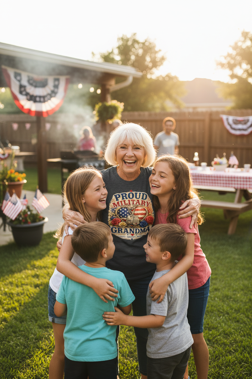 Proud Military Grandma wearing dark heather gray t-shirt at family BBQ hugging grandchildren