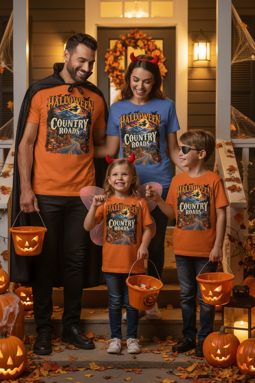 Parents and children wearing Halloween Country Roads T-shirts while receiving trick-or-treat candy