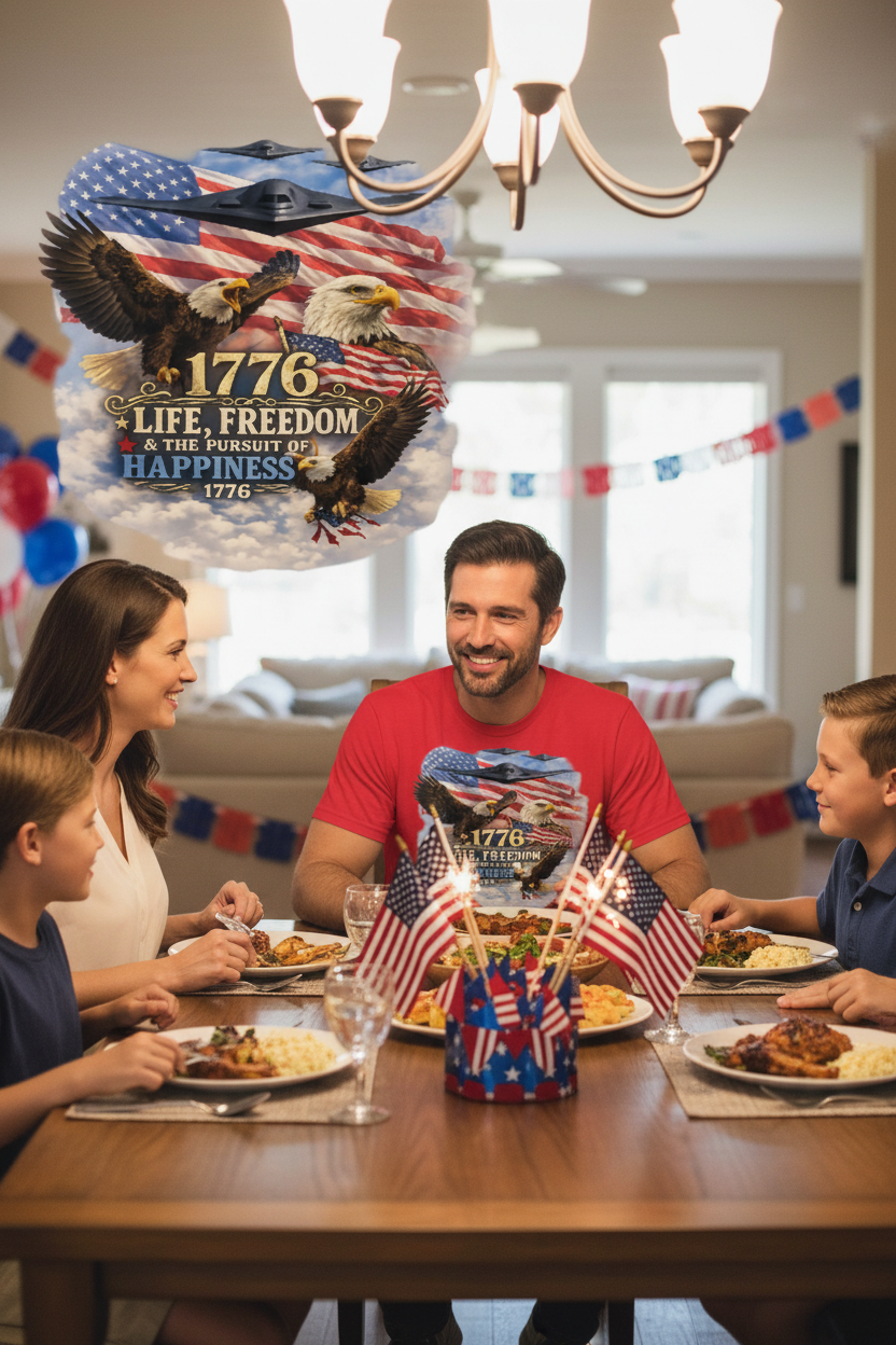 Family 4th of July dinner with man wearing 1776 patriotic red t-shirt