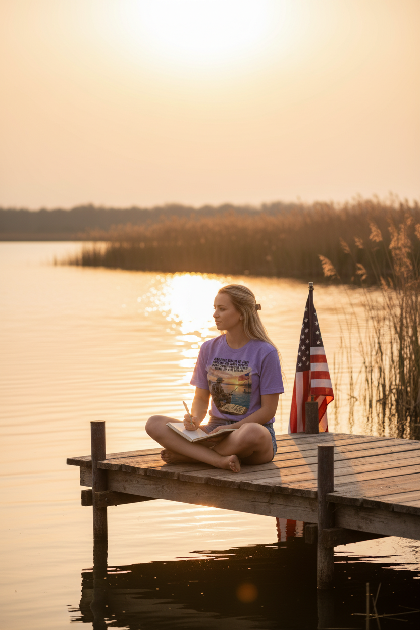 Woman wearing purple Amazing Grace military tee sitting on dock at lake at golden hour