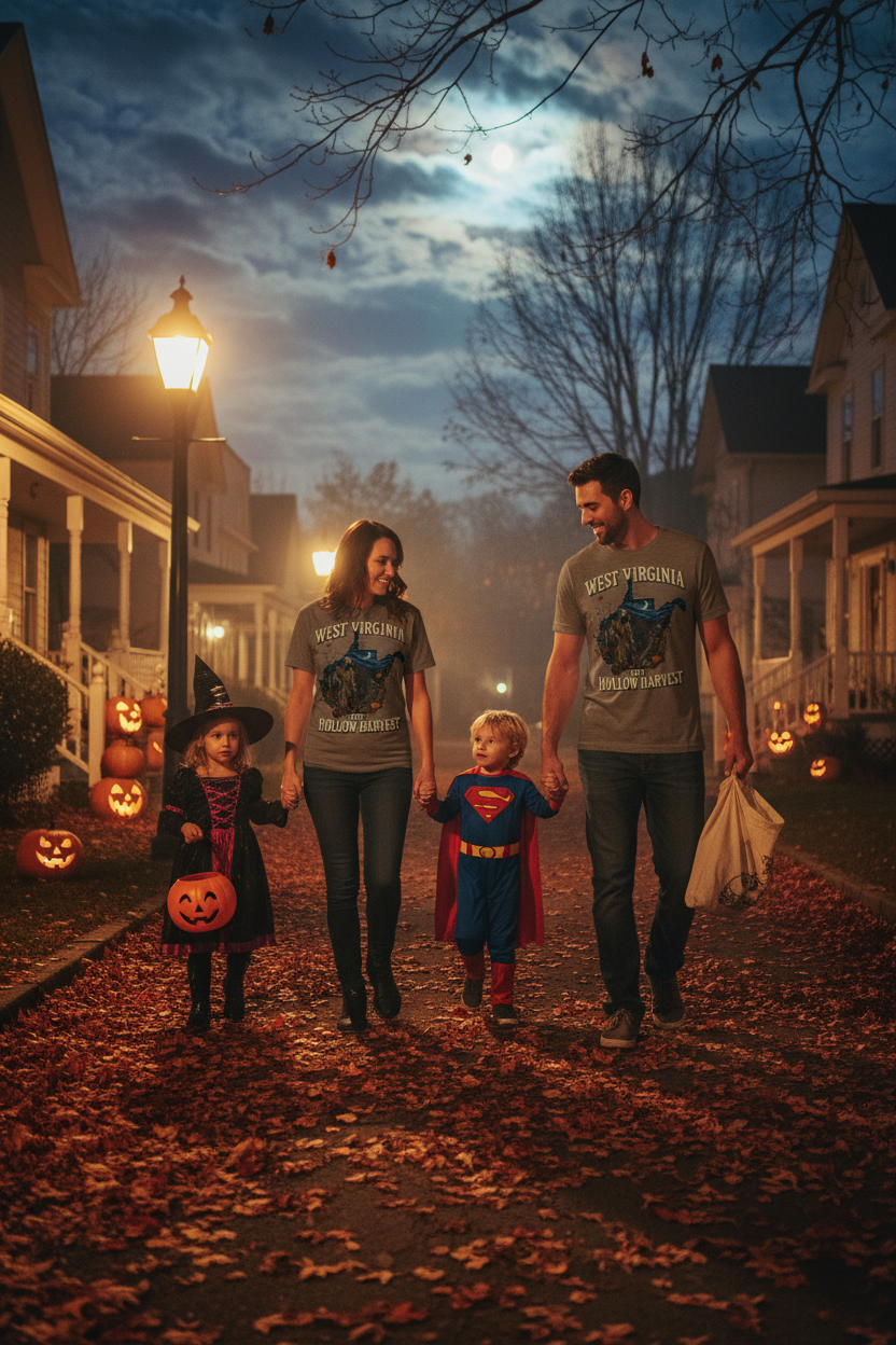 Parents trick-or-treating wearing West Virginia Hollow Harvest Halloween t-shirts in an Appalachian neighborhood