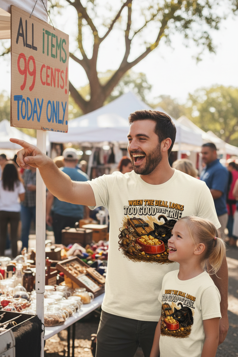 Dad and daughter wearing matching When The Deal Looks Too Good To Be True tees at flea market