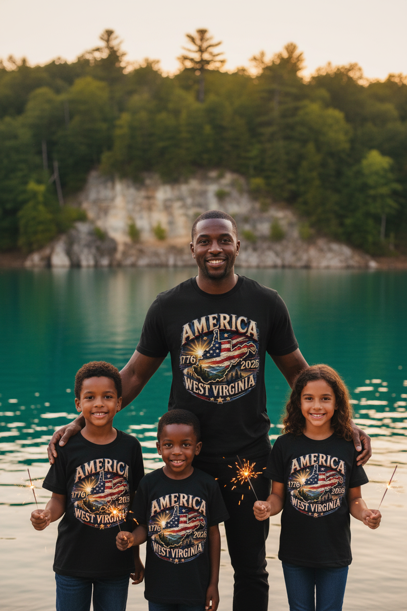 Family at Summersville Lake West Virginia on 4th of July wearing America 1776-2026 black patriotic t-shirt