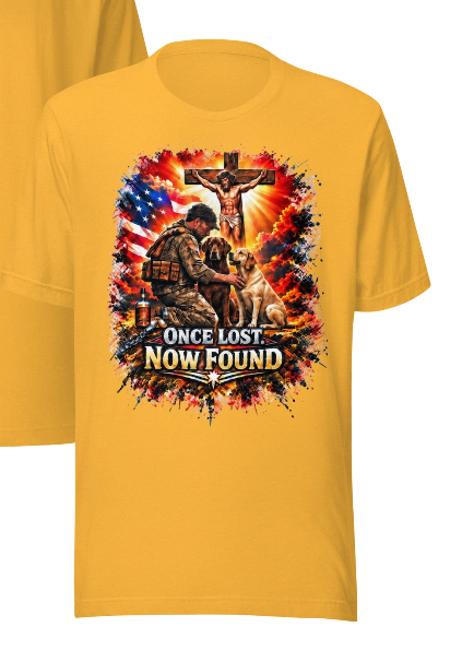 Once Lost Now Found Faith Patriot Tee – Gold colorway front and back