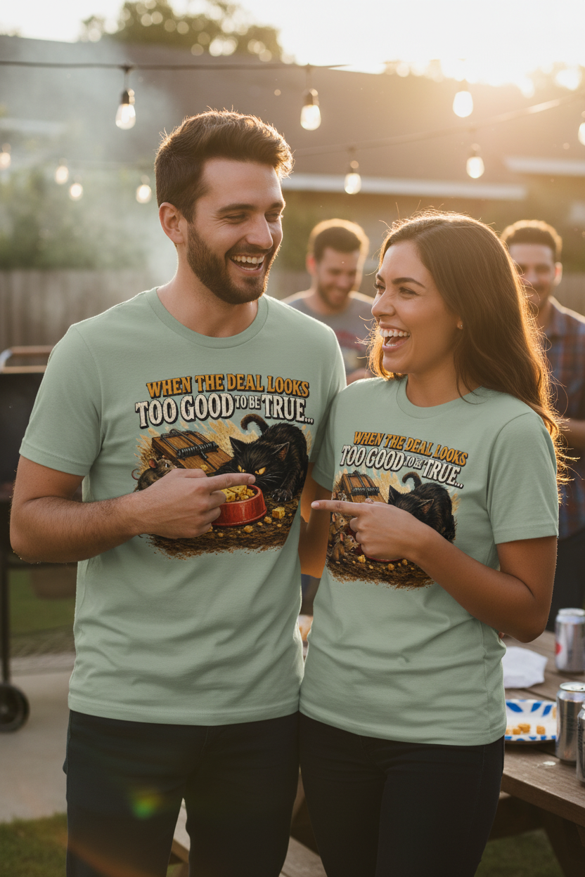 Couple wearing matching sage green When The Deal Looks Too Good To Be True tees at backyard BBQ