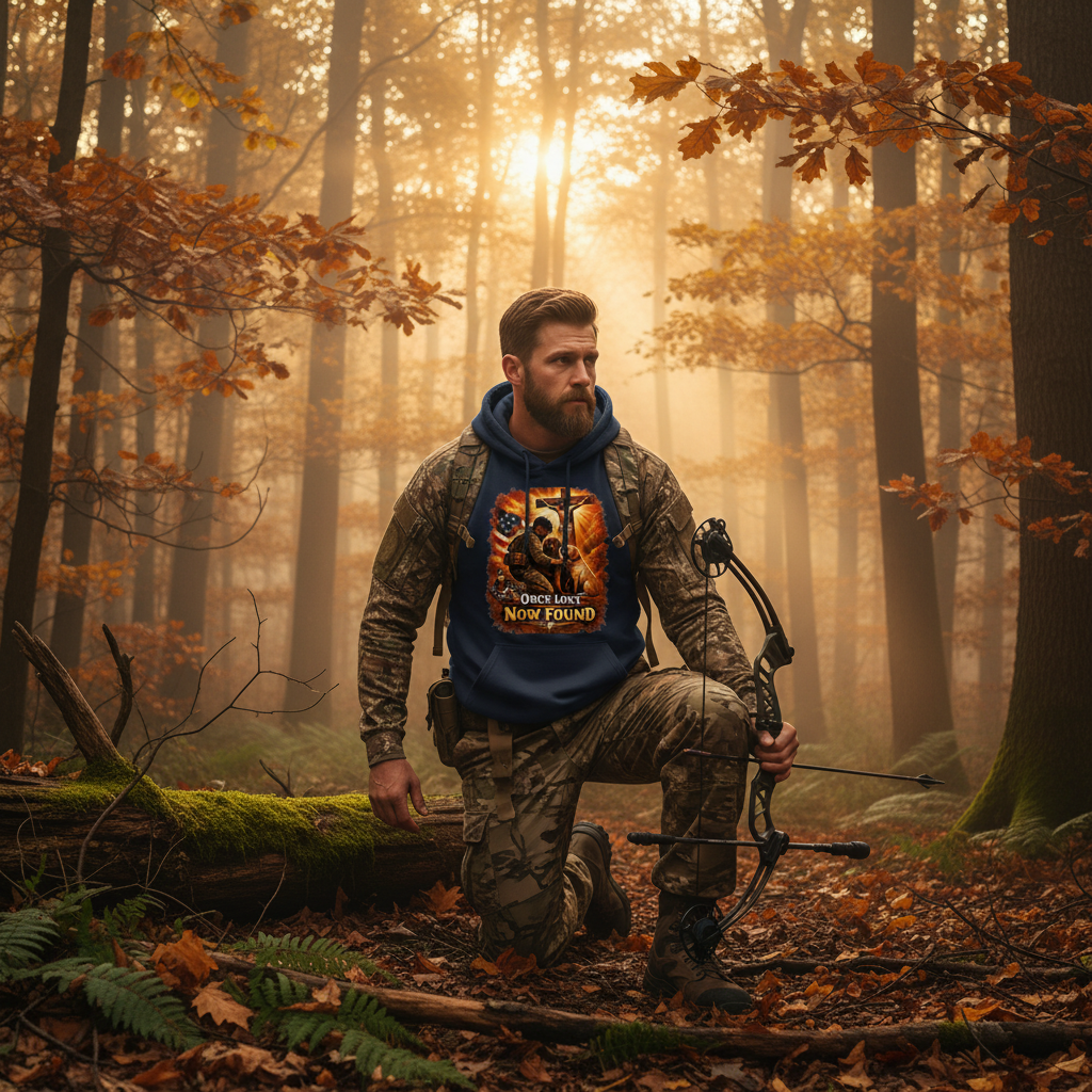 Man deer hunting in autumn woods wearing Once Lost Now Found navy faith hoodie
