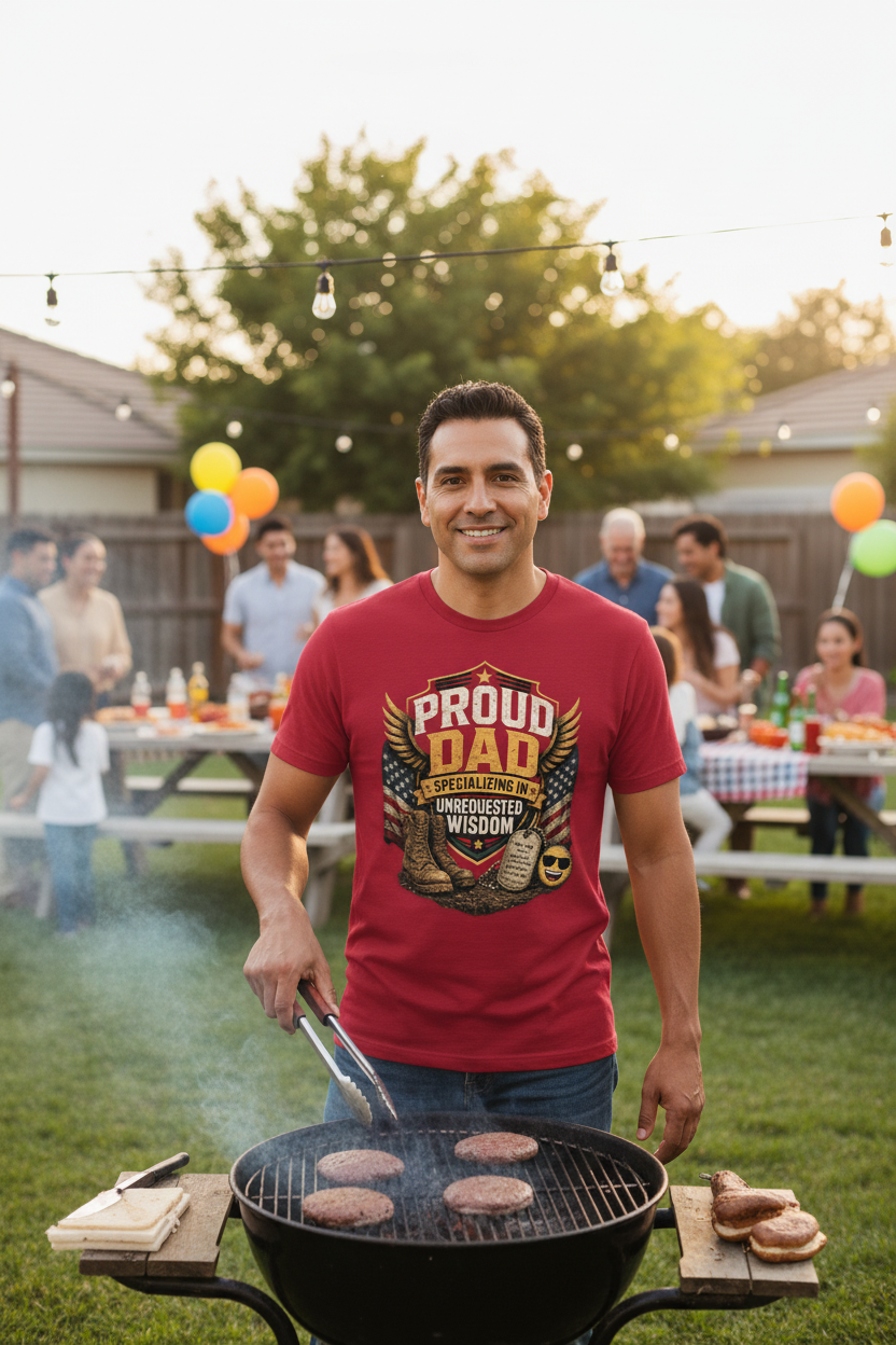Hispanic dad grilling at BBQ wearing Proud Dad military t-shirt lifestyle photo