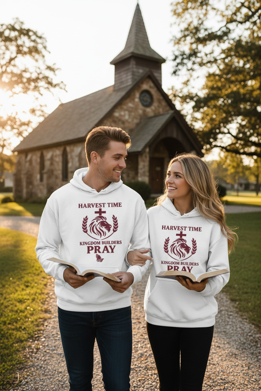 Couple wearing Harvest Time Kingdom Builders Pray hoodies outside a rustic country church