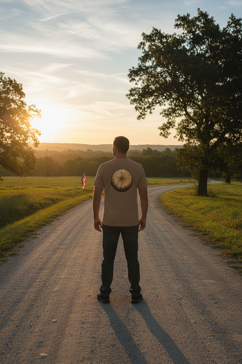 Veteran man on rural road at sunrise wearing heather brown faith tee showing Job 14:7 design on back