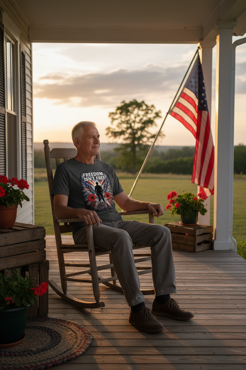 Grandfather wearing Freedom Isn't Free patriotic t-shirt on farmhouse porch at sunset