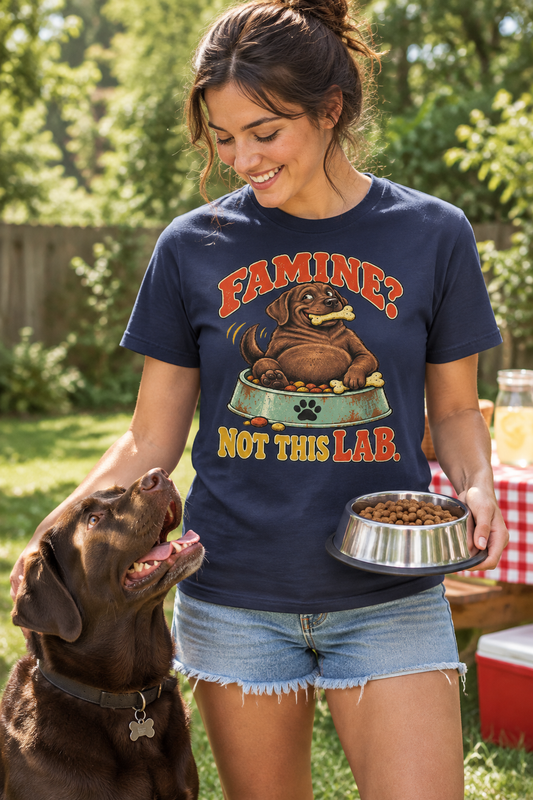 Woman in backyard with chocolate lab wearing navy Famine Not This Lab tee