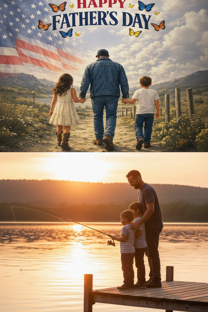 Dad and kids fishing at lake dock at sunset – lifestyle mockup